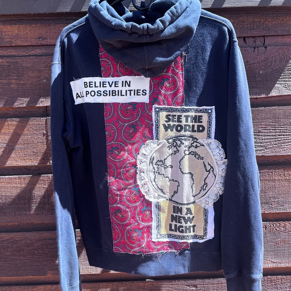 UPCYCLED Navy Hoodie with Positive Vibes